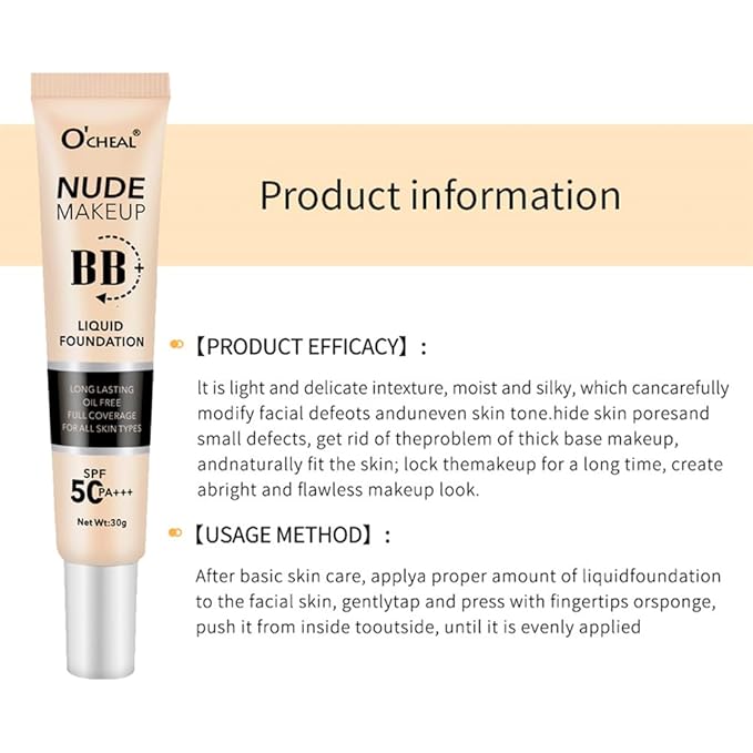 Hydrating BB Cream SPF 50+, Waterproof Full Coverage Concealer BB Cream for All Skin Types, Long Lasting Moisturizing Liquid Foundation for Men & Women (BB Cream, Natural)