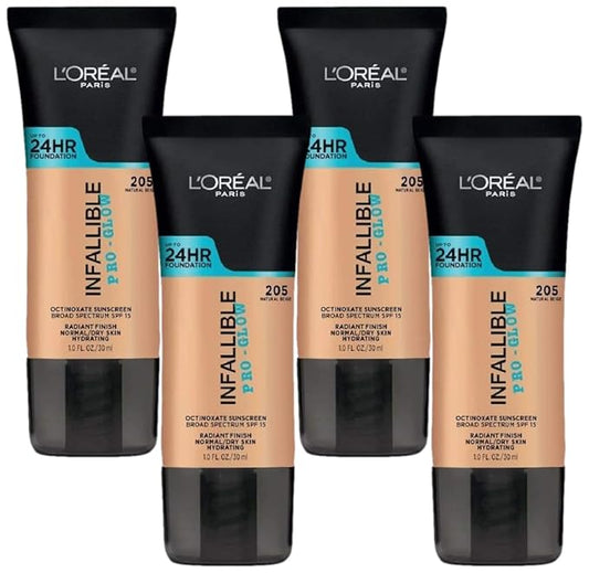 L’Oréal Paris Makeup Infallible Up to 24HR Pro-Glow Foundation, 205 Natural Beige, 1 fl; oz. (Pack of 4)
