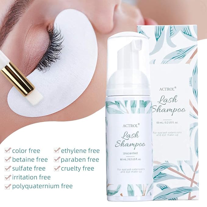 Eyelash Extension Shampoo Kit 60ml Unscented Lash Extension Cleanser with Lash Fan Black Professional Eyelid Foaming Cleanser Paraben & Sulfate Free Non-lrritating
