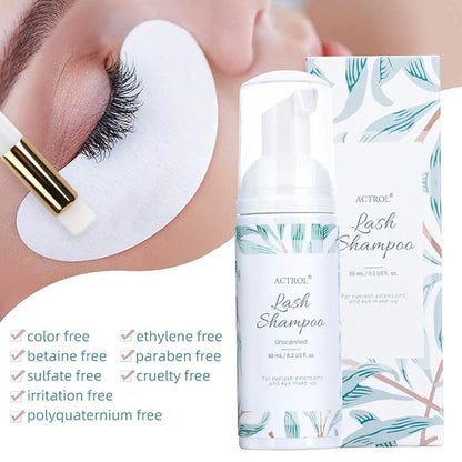 Eyelash Extension Shampoo Kit 60ml Unscented Lash Extension Cleanser with Lash Fan Black Professional Eyelid Foaming Cleanser Paraben & Sulfate Free Non-lrritating