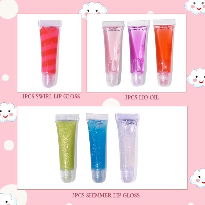 M&U Sparkle Lip Gloss Set with Handbag, 7Pcs Assorted Flavors Hydrating Lip Balm Party Favor Make-up for Kids and Teens Ages 5+