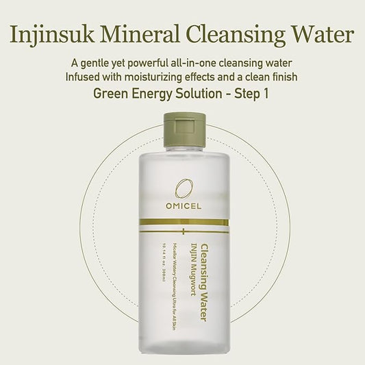 INJIN Mugwort Mineral Cleansing Water (1 Count) - Gentle Makeup Remover | Micellar Water with Tea Tree Leaf Water | Glucose-Infused Formula for Effective Cleansing