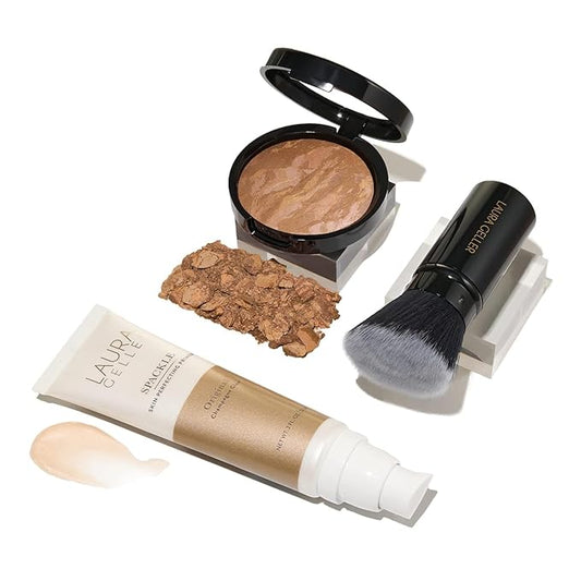 LAURA GELLER NEW YORK Everyday Routine Kit - Baked Balance-N-Brighten Color Correcting Powder Foundation, Sand + Retractable Angled Kabuki + Spackle Makeup Primer, Champagne Glow (3 PC)