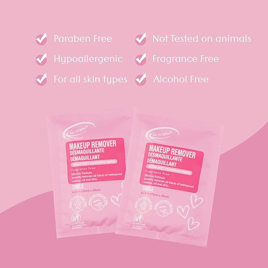 Air Jungles Makeup Remover Wipes Singles 25 Count, Extra Large 6" x 8", Fragrance-Free, Removes Makeup and Oil, Ultra Soft Cleansing Wipes, Alcohol Free