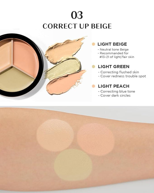 THESAEM Cover Perfection Triple Pot Concealer 03 Correct Up Beige + 04 Tone Up Beige - for Fair to Light Skin Tone - 3 Color Full Coverage - Covers Pigmentation and Blemish Spots, Corrects Skin Tone