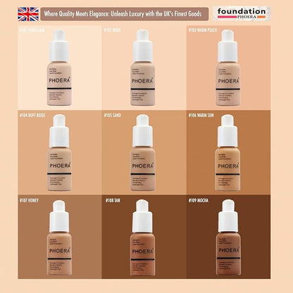 Phoera Foundation Set with Makeup Brush - Matte Cream Foundation Kit with 109 (Mocha) Shade & Applicator - Full Coverage Concealer - 24hr Oil Control - 30ml