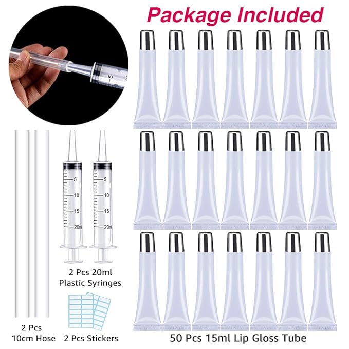 50PCS Lip Gloss Tubes 15ml Silver Cap Lip Gloss Containers Empty Lip Balm Tubes Refillable Cosmetic Squeeze Lipgloss Tubes + 2 x 20ml Syringes Tag Labels Stickers for DIY Lip Gloss Base Glitter