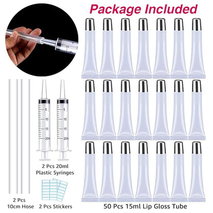 50PCS Lip Gloss Tubes 15ml Silver Cap Lip Gloss Containers Empty Lip Balm Tubes Refillable Cosmetic Squeeze Lipgloss Tubes + 2 x 20ml Syringes Tag Labels Stickers for DIY Lip Gloss Base Glitter
