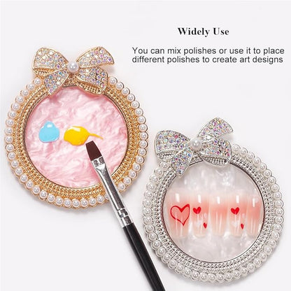 Resin Nail Art Palette, Nail Art Painting Mixed Color Palette, Bow Decorated with Rhinestones and Pearls Nail Art Display Board (Silver)