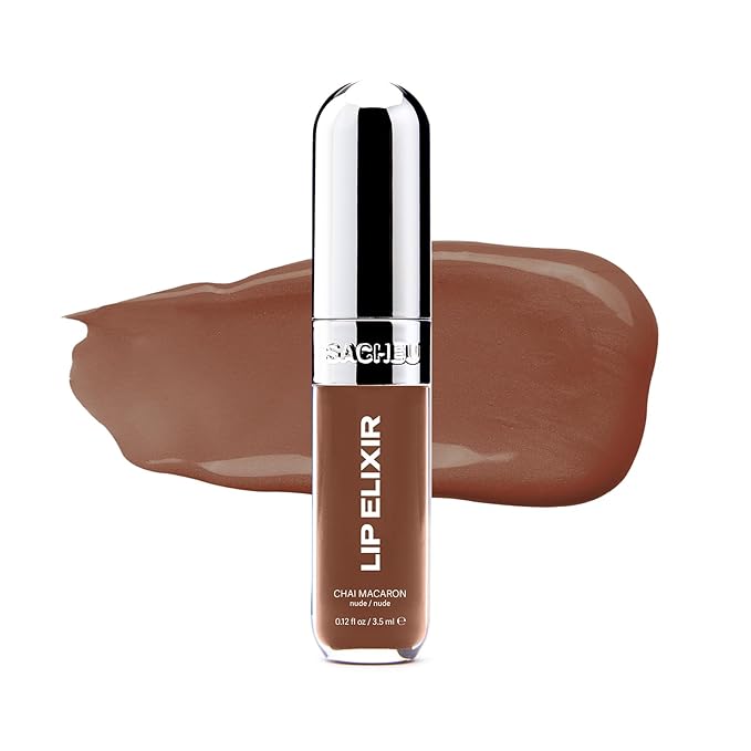 Sacheu Lip Elixir Nourishing and Hydrating Lipgloss — Moisturizing Plumping Lip Gloss Enriched with Collagen, Non-Sticky Lip Color Smooth High-Shine Finish, Vegan & Cruelty-Free, Chai Macaron