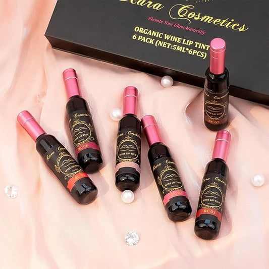 6 Multi Color Organic Wine Lip Tint Set, Lip Gloss, Wine Lip Tint Long Lasting 24 Hour Waterproof Nonstick Cup Lipgloss Lip Makeup Gift Sets for Girls and Women .17 Fl Oz