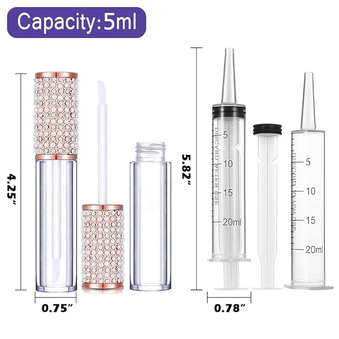 AMORIX 50PCS Lip Gloss Tubes with Wand 5ml Empty Lip Gloss Containers Lip Gloss Supplies Kit + 3pcs Syringes for DIY Lip Gloss Base, Full Pearl Diamond