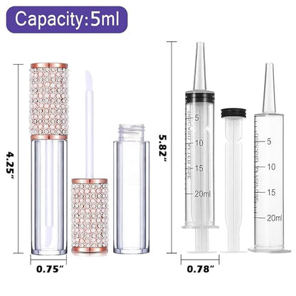 AMORIX 50PCS Lip Gloss Tubes with Wand 5ml Empty Lip Gloss Containers Lip Gloss Supplies Kit + 3pcs Syringes for DIY Lip Gloss Base, Full Pearl Diamond