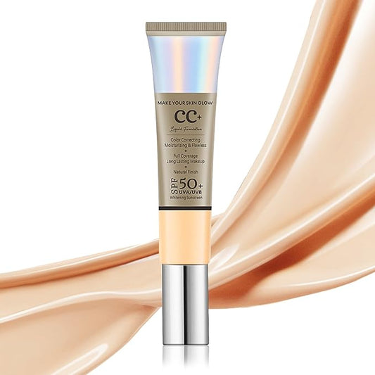 2PCS Full Coverage Concealer Foundation Set,Moisturizing BB Cream,Long Lasting Hydrating Lightweight CC Cream with Makeup Brush,Oil Control Face Moisturizer SPF 50 PA++++ Sunscreen（E）