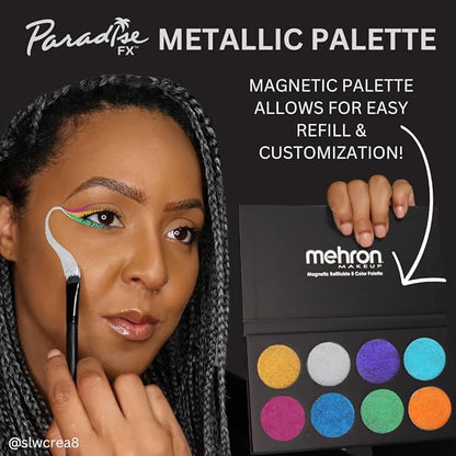 Mehron Makeup Paradise Makeup AQ 8 Color Metallic Palette | Magnetic Refillable Face & Body Paint Palette | Professional Water Activated Paint for Costumes, SFX, Halloween, & Cosplay