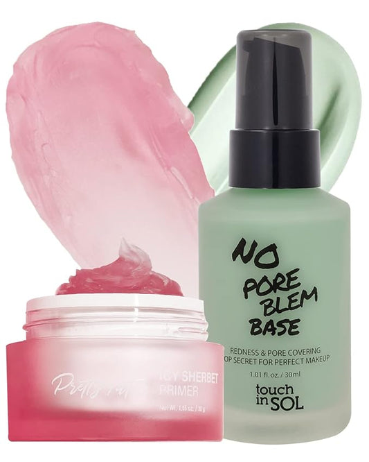 TOUCH IN SOL Icy Sherbet Primer + Redness Correcting Base Set - Silicone Free Pore Minimizing Primer - Tone Neutralizing before Foundation, 1.01 + 1.01 fl.oz.