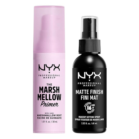 NYX PROFESSIONAL MAKEUP Marshmellow Smoothing Primer + Makeup Setting Spray, Matte Finish, Long-Lasting Face Mist for up to 16HR Wear (Pack of 2)