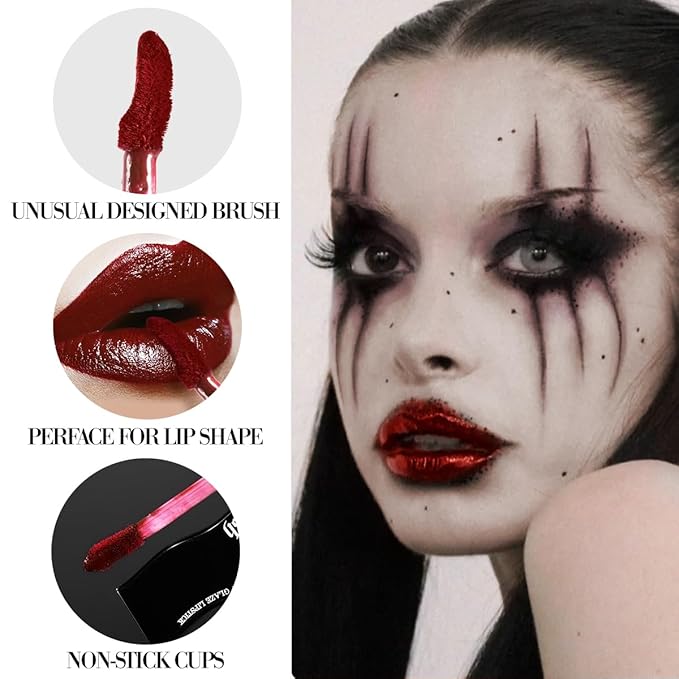 Gothic Red Lip Gloss - Moisturizing, Long-Lasting, Smudge-Proof & Waterproof | High Pigmented, Vegan, Cruelty-Free, Non-Sticky Glossy Finish for Bold Vampire Looks & Daily Wear
