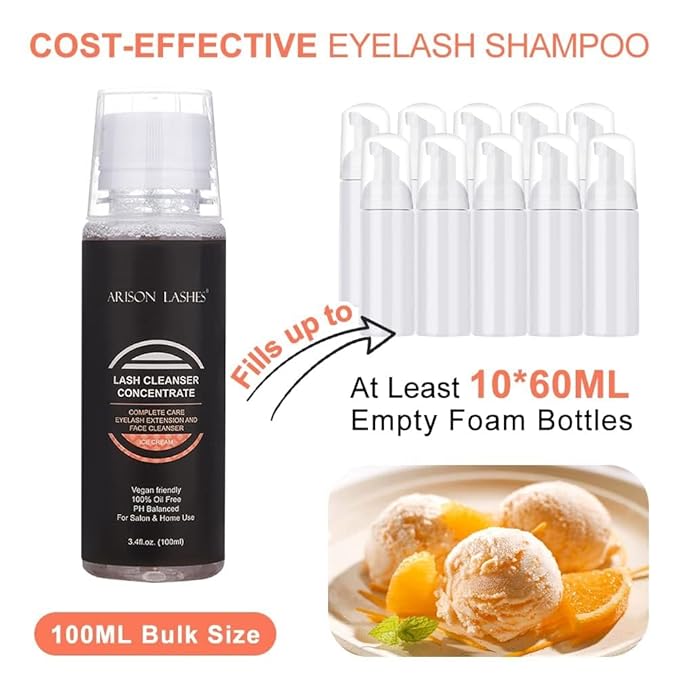 ARISON LASHES Lash Shampoo Concentrate for Lash Extensions Eyelash Cleanser Concentrate Oil-Free Eyelash Extension Shampoo with Salon Home Care(100ML ICE Cream)