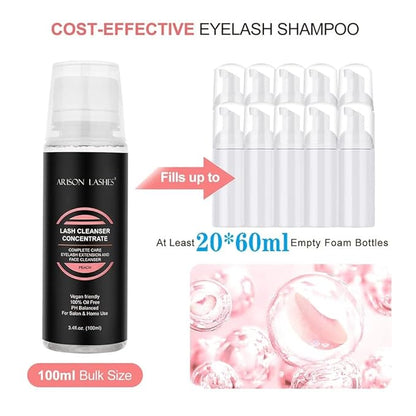 Eyelash Cleanser Concentrate 100ml Lash Extensions Shampoo Natural Foaming Cleanser DIY Non-lrritating Wash for Extensions Lashes with Salon Home Care-Makes 20 Bottles 60ml lash Shampoo (Peach)