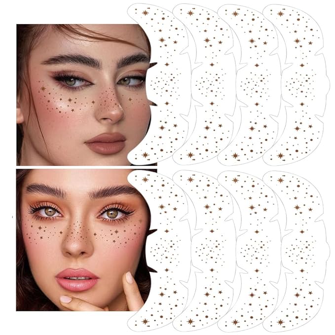8Ps Face Glitter Speckles Patches, Brown Glitter Freckles Face Tattoo, Glow Up Makeup Patches, Cute Glitter Makeup Accessories for Women, Cosmetic Glitter for Face Gift