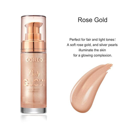 Body Shimmer Oil Liquid Glitter Face Luminizer Glow Highlighter Waterproof Long Lasting Moisturizing Luminizer FaceProm Party Makeup Brush Include(Rose Gold, Body Oil)