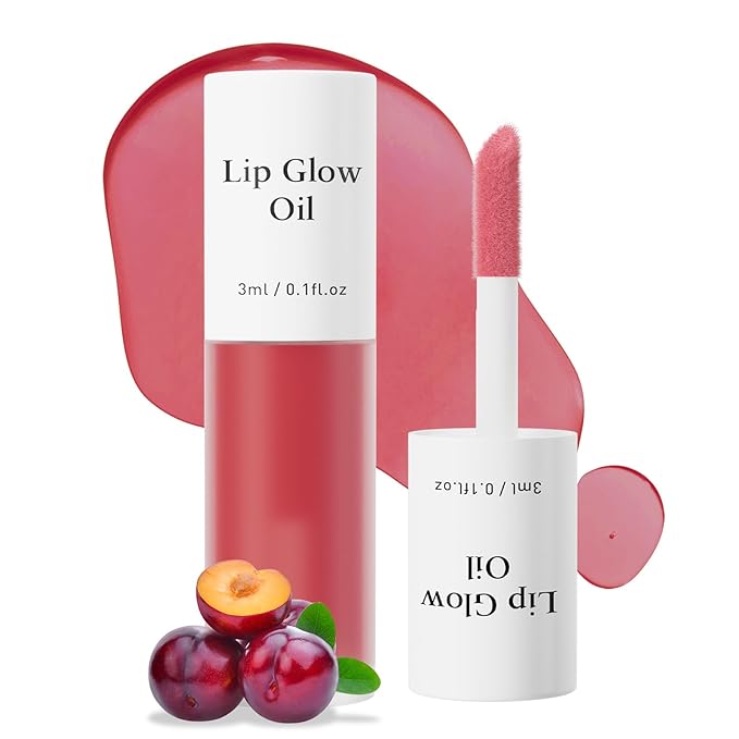 Hydrating Lip Glow Oil - Tinted Moisturizing Lip Gloss Plumping Non-Sticky Long-Lasting Shiny Fruit Flavor Lip Stain, 0.10 Fl Oz (Red Plum)