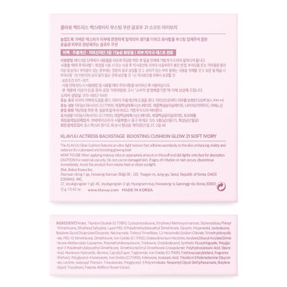 KLAVUU Actress Backstage Boosting Cushion Glow #21 Soft Ivory – Korean Cushion Foundation for Dry Skin, Long-Lasting Hydrating Coverage, Natural Dewy Glow, Smooth Glass Skin Effect, No Caking