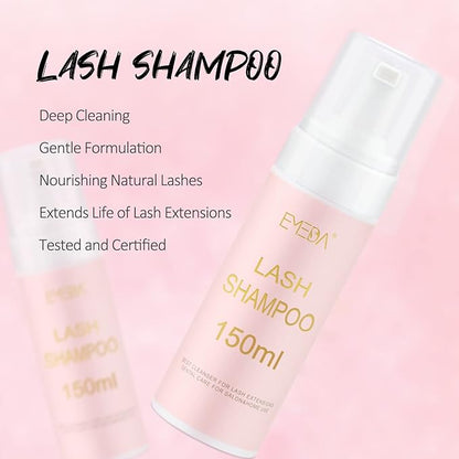 EMEDA Lash Shampoo for Lash Extensions Lash Cleaning Kit 150ml with Lash Fan Dryer Lash Extension Cleanser Oil Free Foam Soap Lash Bath with Rinse Bottle, Brush, Hair Band