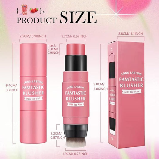 Cream Blush Stick for Cheeks - 2 in 1 Multi Makeup Blush with Brush for Cheeks Tint & Eyes & Lips, Waterproof Smooth Creme Texture, Long-lasting Wear All Day, #01 Cherry Pink