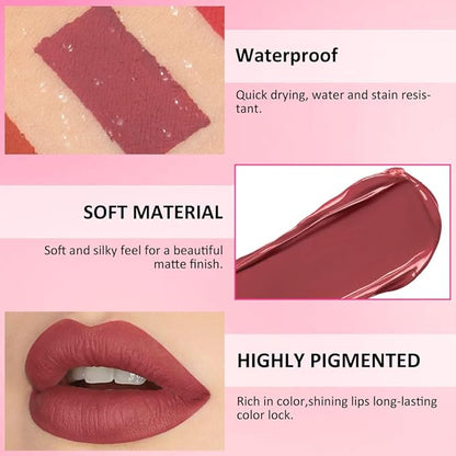 5Pcs Matte Velvet Liquid Lip Gloss Set, Liquid Lip Sticks + 1Pcs Lip Oil Set, Red Lipstick Collection, Rich Colors Long-Lasting Wear Not Fade Waterproof Lip Stain for All Skin Types (set3