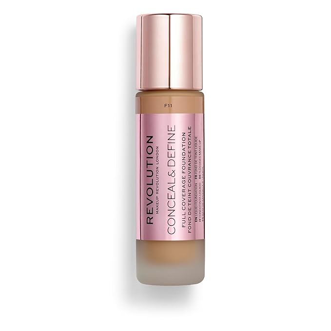 Revolution, Conceal & Define Foundation, Full Coverage, Long-Lasting Matte Finish, Vegan & Cruelty-Free, F11 Medium to Dark Skin Tones, 0.8 fl oz
