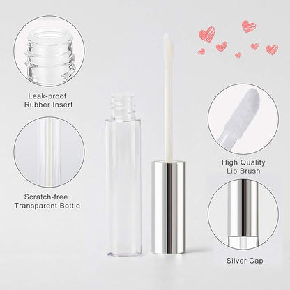 GTHER 10PCS 10ML Empty Lip Gloss Containers Tube with Wand, Refillable Lip Balm Bottles, Lipstick Sample Container and Funnel and Rubber Stoppers for Girls DIY Lip Samples, Silver Top