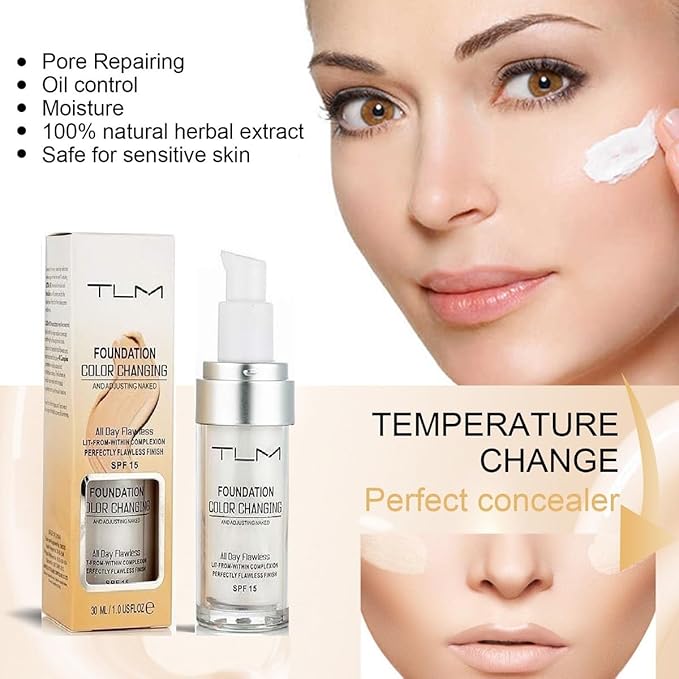 TLM Color Changing Foundation, Moisturizing Warm Skin Flawless Full Coverage Face Foundation Makeup for All Skin. (1pcs)