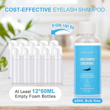 Eyelash Cleanser Concentrate 60ml Professional Lash Extensions Shampoo Natural Foaming Cleanser for Extensions Lashes with Salon Home Care-Makes 12 Bottles 60ml Eyelash Shampoo (unscented)