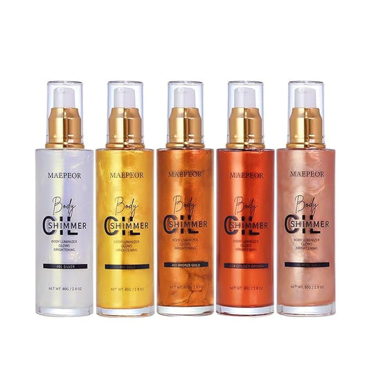 MAEPEOR Shimmer Body Luminizer 5 Colors Moisturizing Glow Illuminator Smooth and Non-sticky Summer Highlighter For Face and Body (80ML, 02 Gold)