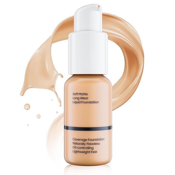 Matte Liquid Foundation Full Coverage - Flawless & Lightweight Oil Control Foundation Makeup, Long-Lasting Waterproof Concealer Cream for All Skin Types, 1 Fl Oz (#104 Buff Beige)