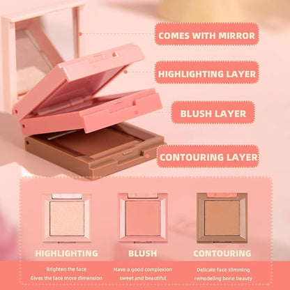 3 in 1 Contour Highlighter Blush Makeup Palette Kit, Matte Shimmer 3 Colors Highlighting Bronzing Blusher Eyeshadow Pallet, Long Lasting Full Face Eyes Contouring Shaping Makeup Set with Mirror