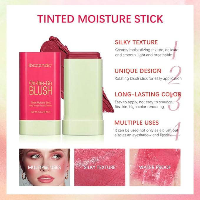 Blush Stick for Cheeks and Lips, On-the-Go Blush, Hydrating Solid Cheek Tint, Makeup Stick for Beautiful and Natural Shades, Tinted Moisture Stick Ued on Eyes Lips and Cheeks