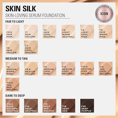 Revolution Beauty, Skin Silk Serum Foundation, Light to Medium Coverage, Lightweight & Radiant Finish, Contains Hyaluronic Acid, F10.5 Medium Skin Tones, 0.77 Fl. Oz.