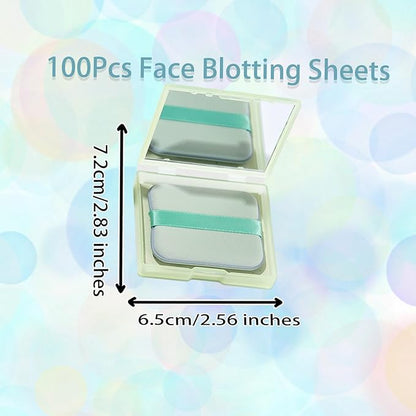 Oil Blotting Sheets for Face, 100Pcs Face Blotting Sheets for Oily Skin with Mirror & Makeup Puff, Natural Bamboo Charcoal Oil Control Film with little Storage Box (Green)