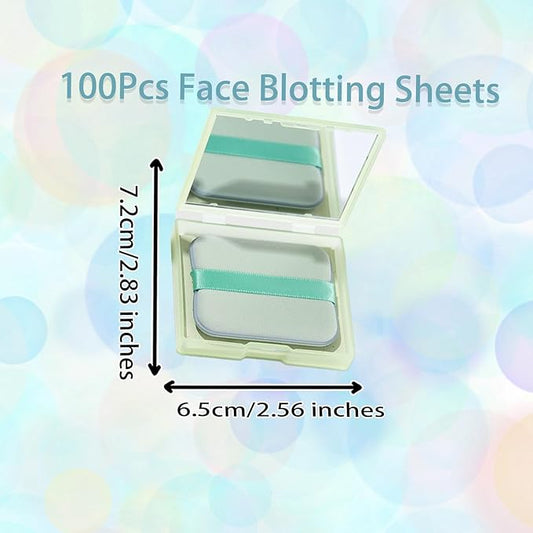 Oil Blotting Sheets for Face, 100Pcs Face Blotting Sheets for Oily Skin with Mirror & Makeup Puff, Natural Bamboo Charcoal Oil Control Film with little Storage Box (Green)