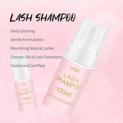 EMEDA Lash Shampoo for Lash Extensions Lash Cleaning Kit with Lash Fan Dryer, Brush, Wash Bottle, Hair Band, Oil Free Foam Soap Cleaner Lash Bath Kit, Lash Wash Eyelash Extension Cleanser