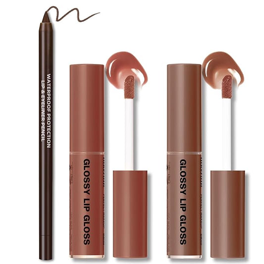 2 Colors Nourishing Lip Gloss Brown Lip Liner Combo, Hydration Plumping Lip Glow Oil Set for Women, Moisturizing Lightweight Long Lasting High Shine Lip Tint, Mini Liquid Lipstick Makeup Kit