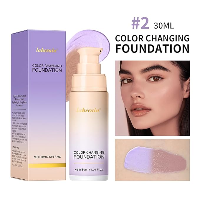 Colour Changing Foundation With Centella, CC Red Correction Cream, Color Correcting Formula for Blemishes, Red Skin, & Acne Marks, Liquid Foundation for Women-Purple