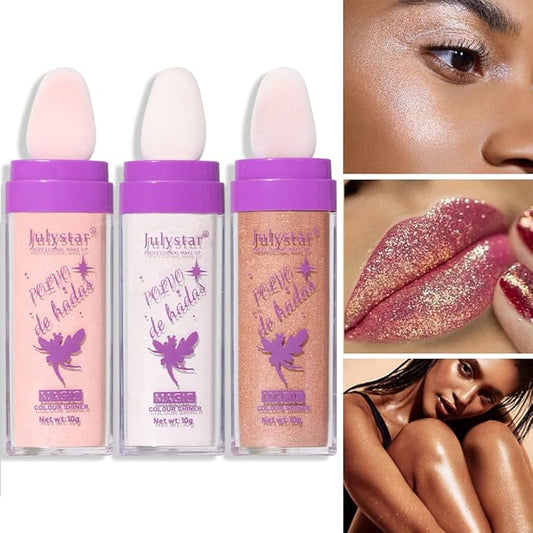 Polvo De Hadas Highlighter Stick Puff Fairy Stick Highlight Powder Glitter Loose Powder Brush Stick Contouring Powder Shimming Face Powder Blusher (01+02+03)