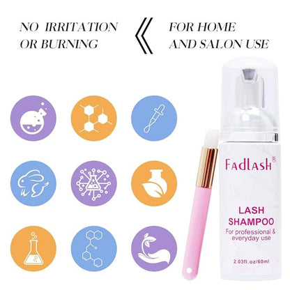 Eyelash Extension Cleanser FADLASH Lash Shampoo 60ml with a brush Wash Foaming Eyelid Cleanser Gentle Formula For Sensitive Skin Professional Salon& Self Use