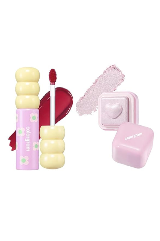 COLORGRAM Fruity Glass Tint 08 Lovely Raspberry + Milk Bling Heartlighter 02 Pink Heart | Highly Pigmented Glossy Dewy Lip Gloss and Silky Smooth Versatile Creamy Highlighter with Shimmery Finish for