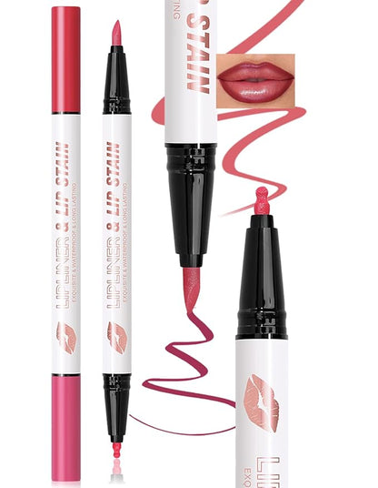 Double-headed Lip Liner Stain Long Lasting Waterproof 2 Colors Liquid Lip Liner Pencil Marker High Pigmented Smooth Application Precise Pen-Like & Chisel Tip Hydrating Lipstick for Women, 02