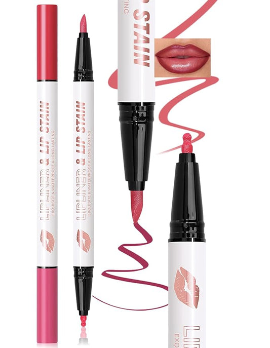 Double-headed Lip Liner Stain Long Lasting Waterproof 2 Colors Liquid Lip Liner Pencil Marker High Pigmented Smooth Application Precise Pen-Like & Chisel Tip Hydrating Lipstick for Women, 02